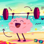 A cartoon image of a brain lifting weights on a beach