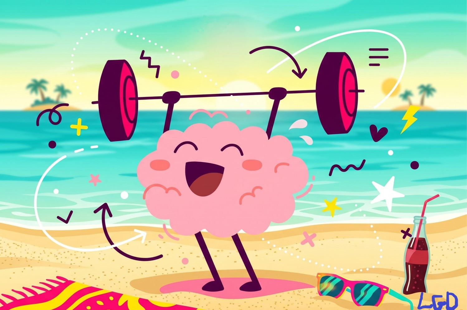 A cartoon image of a brain lifting weights on a beach